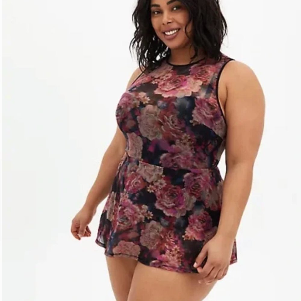 Torrid Multi Rose Floral Mesh Peplum Underwire One-Piece Swimsuit Size 4 DD/F